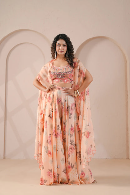 Embroidered Bustier,Printed flared Pants complimented with embroidered Scallop Overlay
