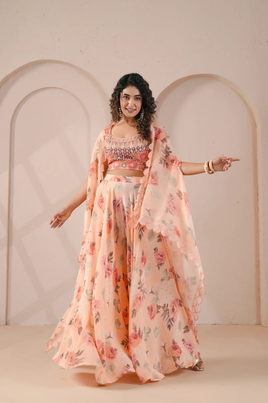 Embroidered Bustier,Printed flared Pants complimented with embroidered Scallop Overlay