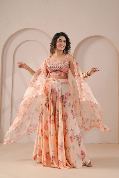 Embroidered Bustier,Printed flared Pants complimented with embroidered Scallop Overlay