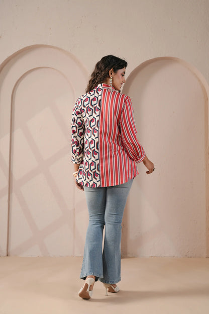 Printed Short Top with applique flower highlighted