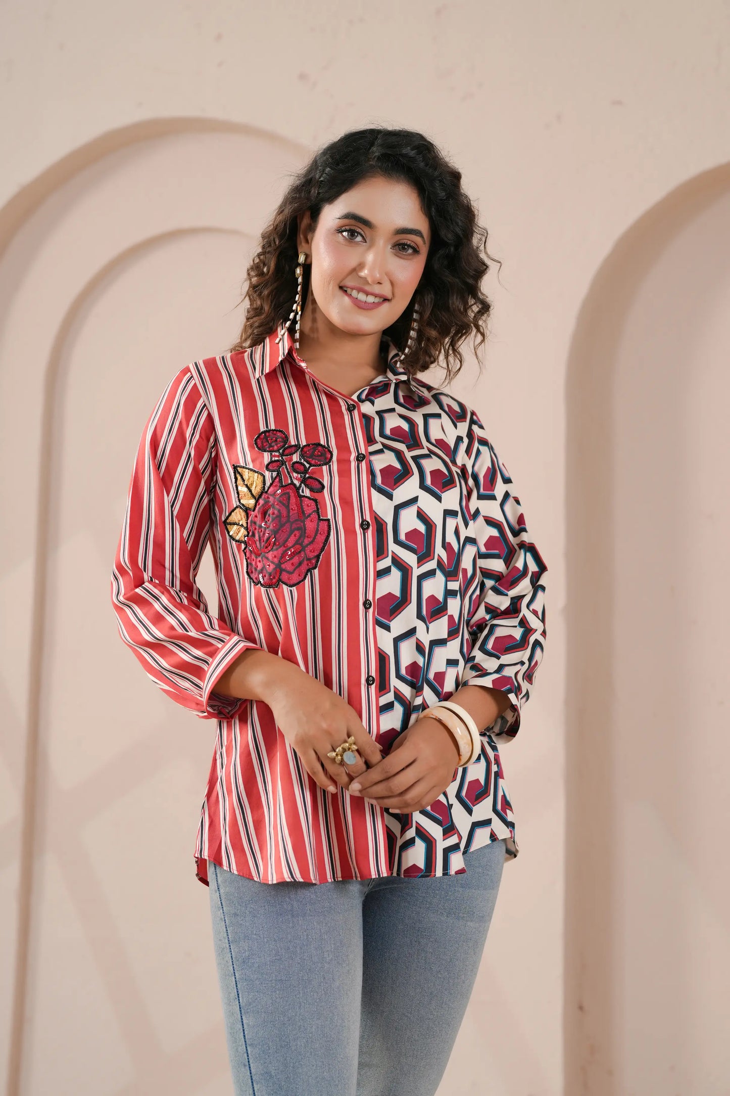 Printed Short Top with applique flower highlighted