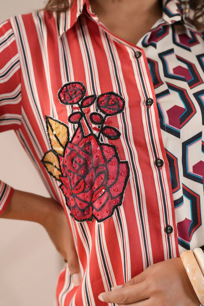 Printed Short Top with applique flower highlighted