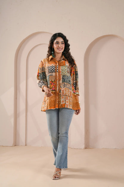 Printed Short Top with lace
