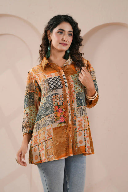 Printed Short Top with lace