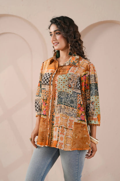 Printed Short Top with lace