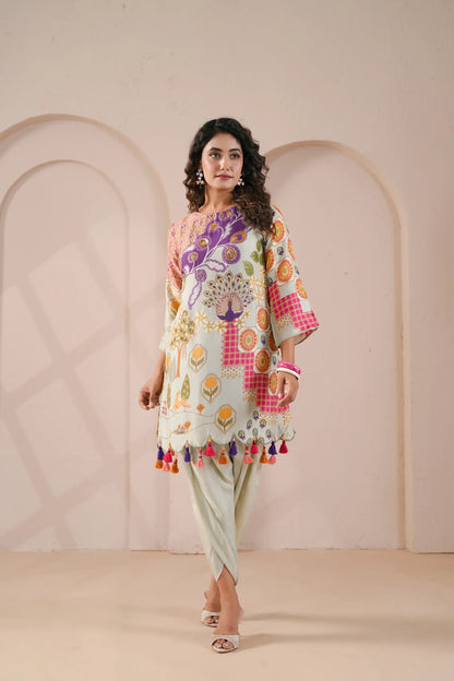 emellished, scallop hem line kurta with tulip pants