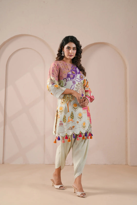 emellished, scallop hem line kurta with tulip pants