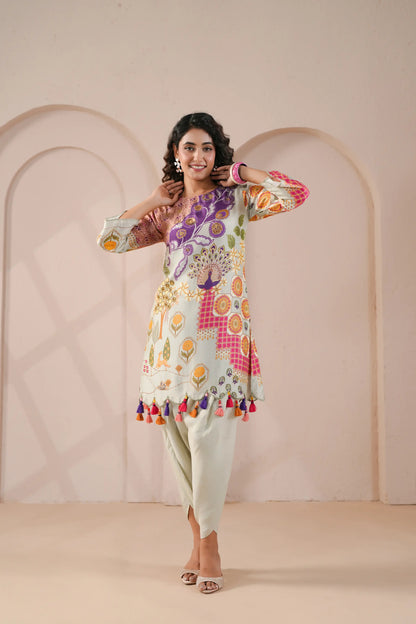 emellished, scallop hem line kurta with tulip pants