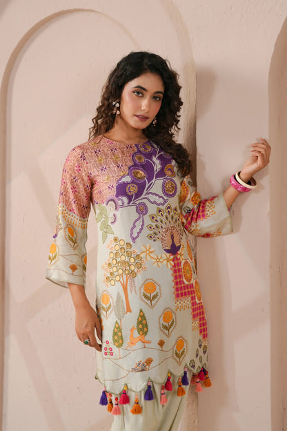 emellished, scallop hem line kurta with tulip pants