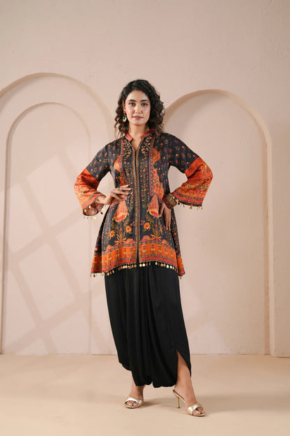 Hand Embroidered Ethnic Kurta with eye catching hemline, paired with harem pant