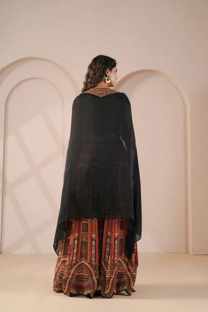Printed Flared with Embellished Bodice and Sheer Cape