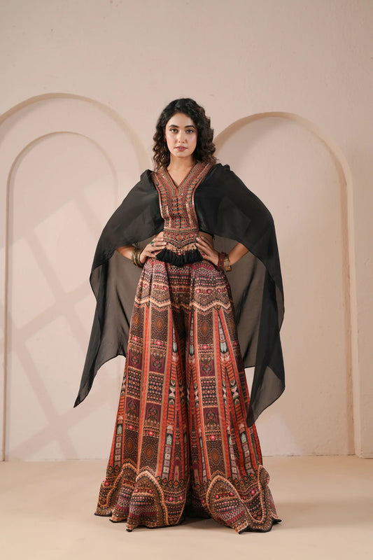 Printed Flared with Embellished Bodice and Sheer Cape