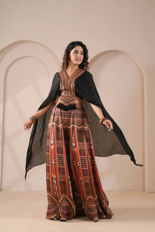 Printed Flared with Embellished Bodice and Sheer Cape