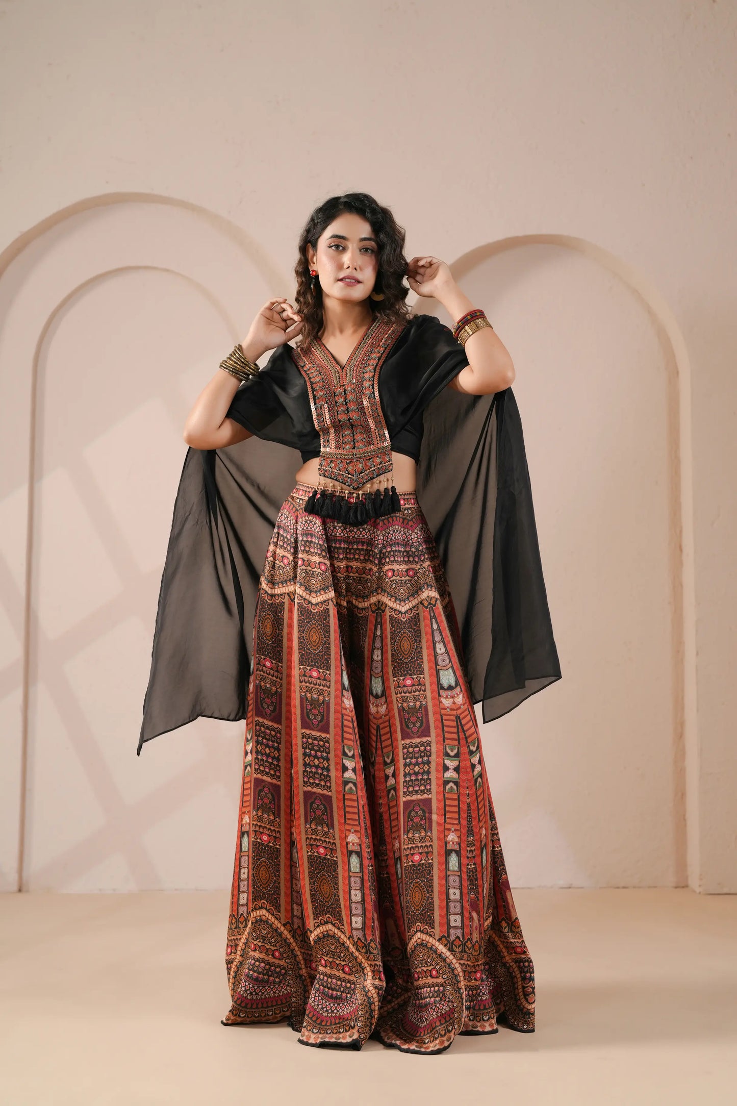 Printed Flared with Embellished Bodice and Sheer Cape
