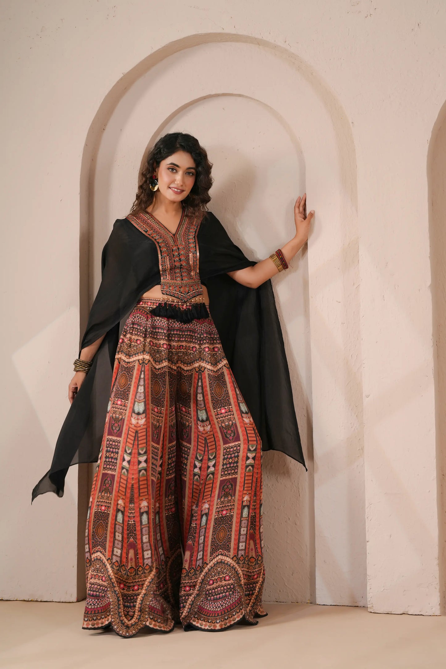 Printed Flared with Embellished Bodice and Sheer Cape