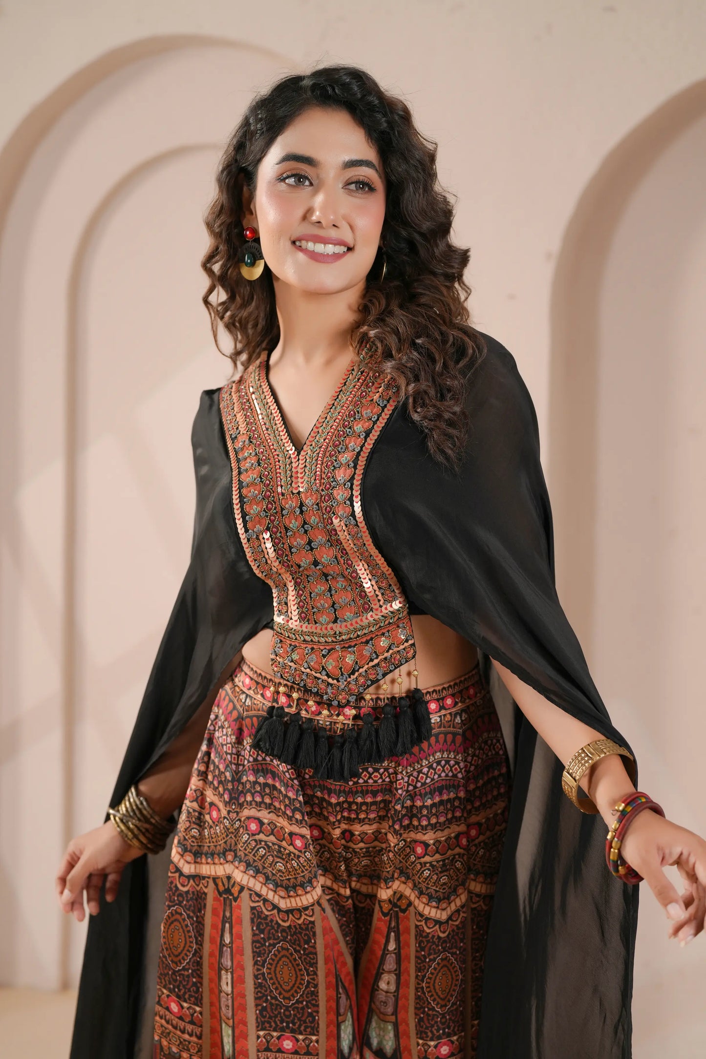 Printed Flared with Embellished Bodice and Sheer Cape