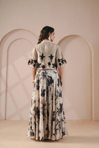 Cropped Embroidered Jacket,Black Bustier with Flowing high waisted flared Palazzo Pants