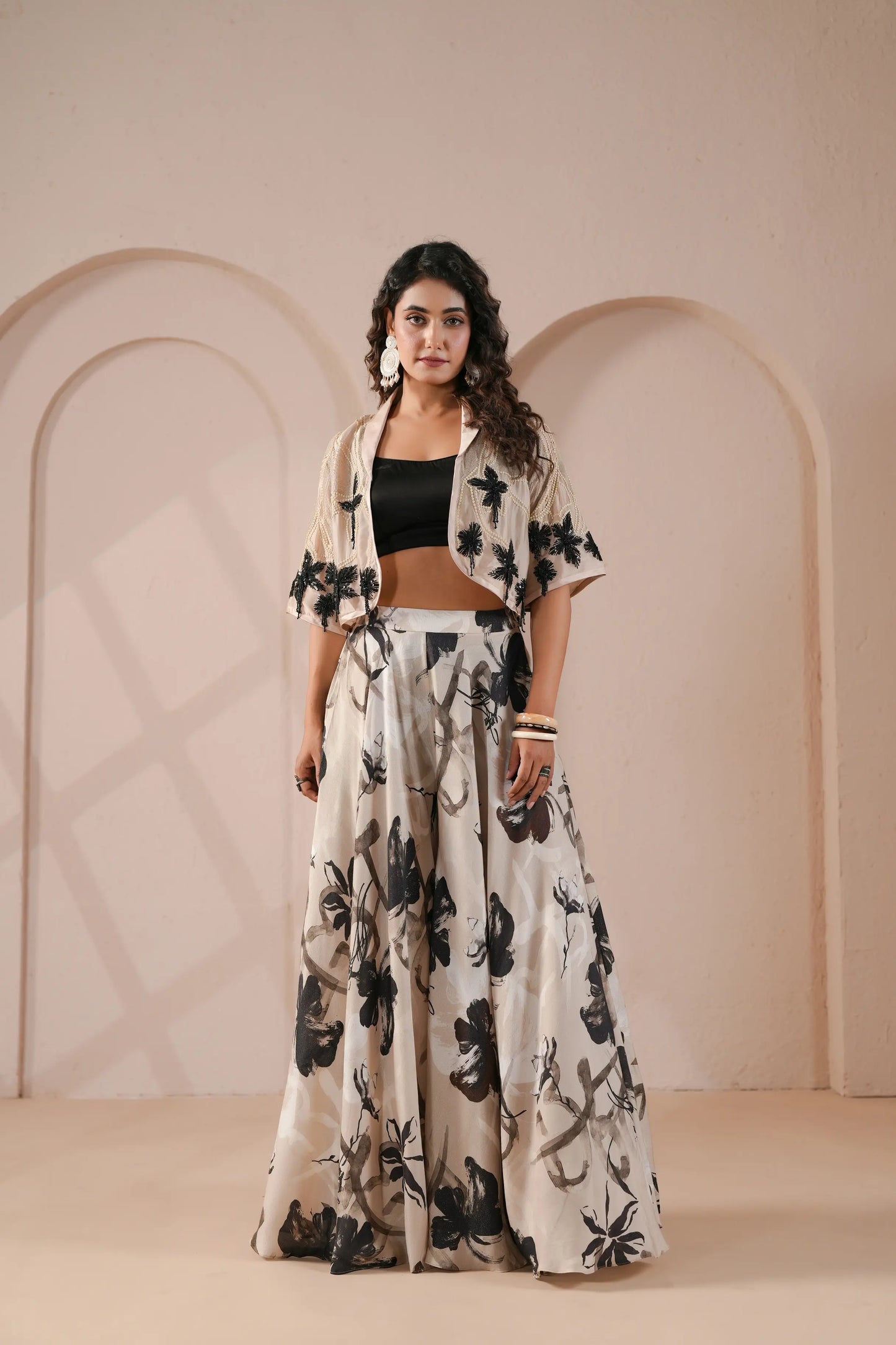 Cropped Embroidered Jacket,Black Bustier with Flowing high waisted flared Palazzo Pants