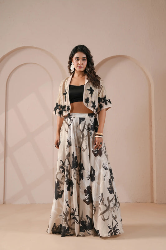 Cropped Embroidered Jacket,Black Bustier with Flowing high waisted flared Palazzo Pants
