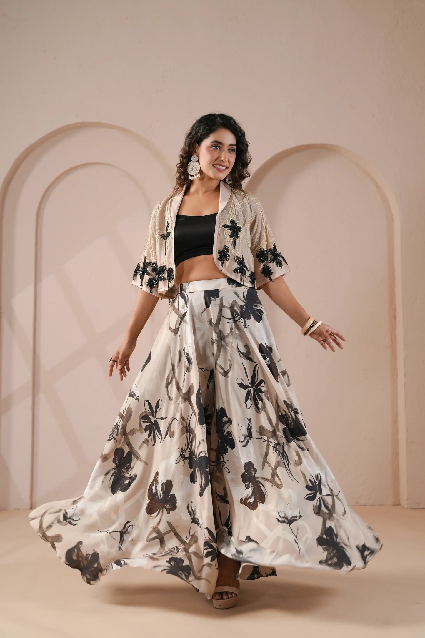 Cropped Embroidered Jacket,Black Bustier with Flowing high waisted flared Palazzo Pants