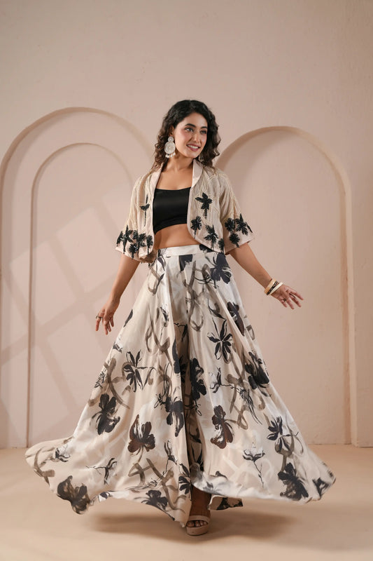 Cropped Embroidered Jacket,Black Bustier with Flowing high waisted flared Palazzo Pants