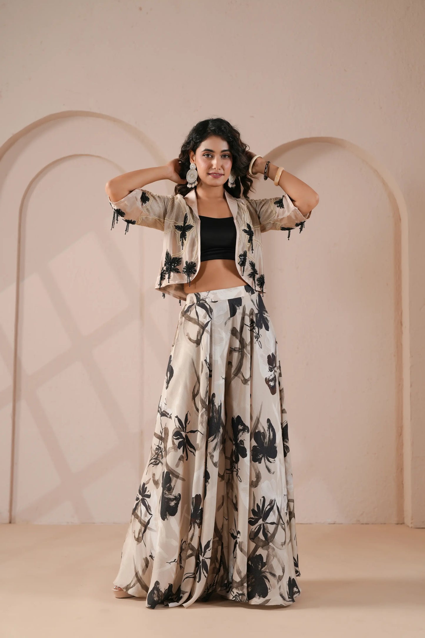 Cropped Embroidered Jacket,Black Bustier with Flowing high waisted flared Palazzo Pants