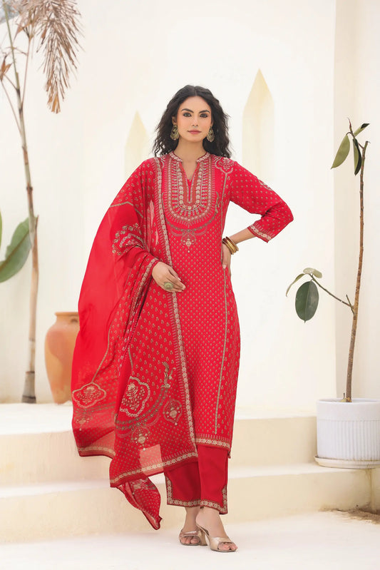 Traditional Print Straight Kurti with Pant and Printed Dupatta