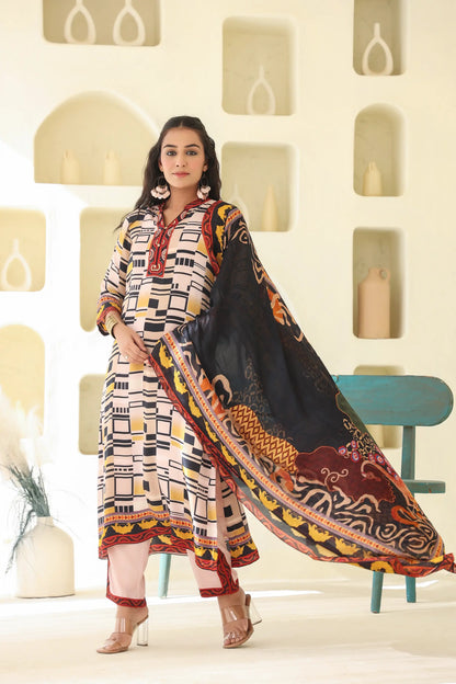 Abstract Print Straight Kurti with Pant and Printed Dupatta