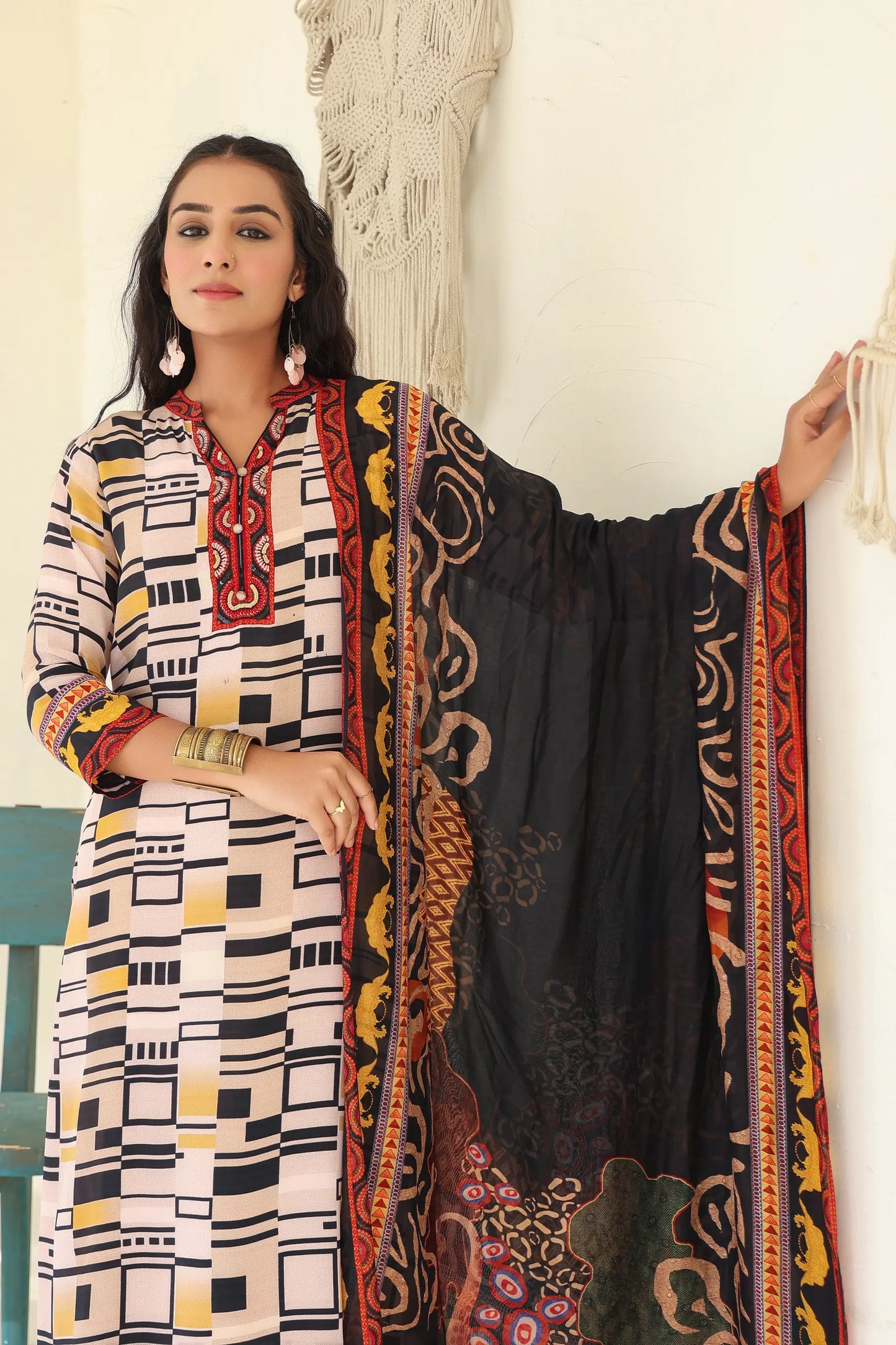 Abstract Print Straight Kurti with Pant and Printed Dupatta