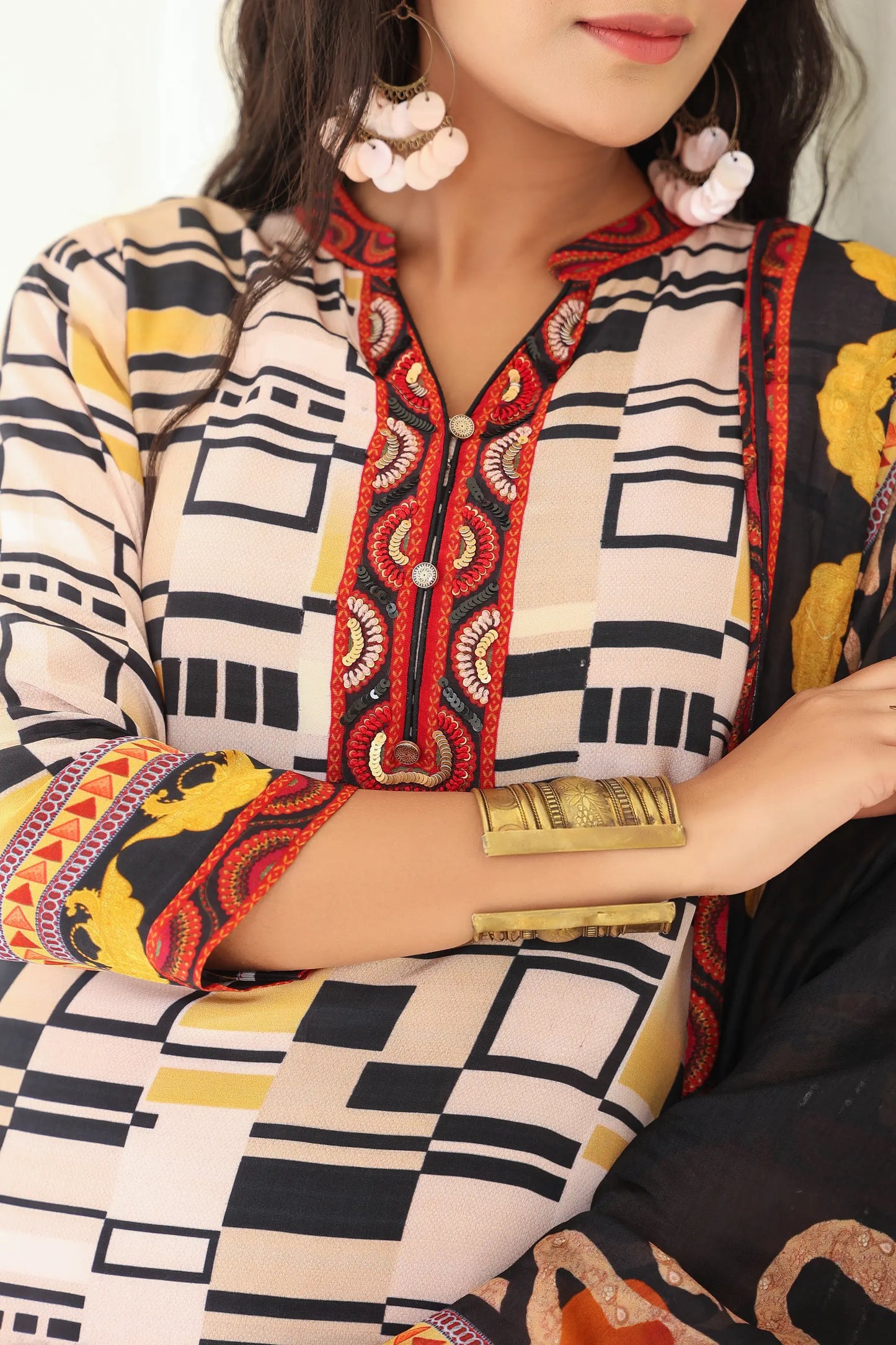 Abstract Print Straight Kurti with Pant and Printed Dupatta