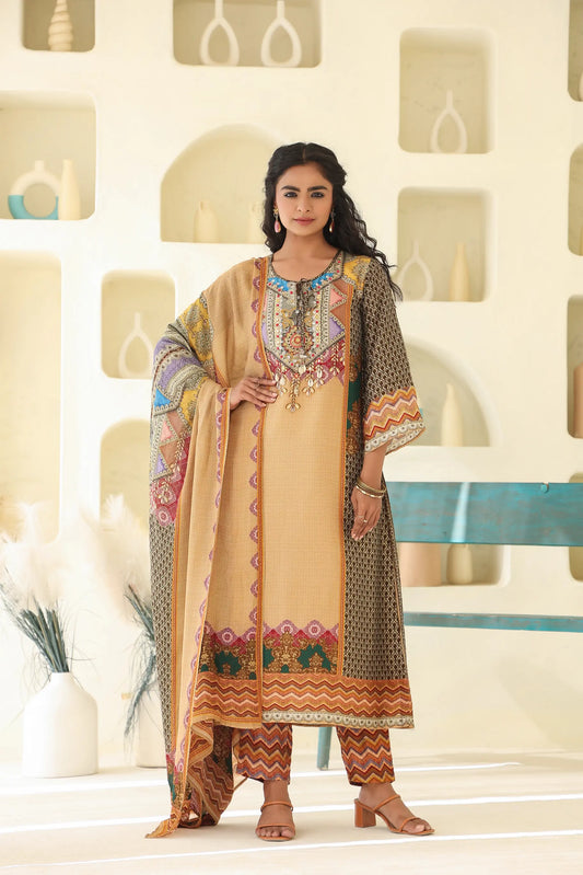 Traditional Print Straight Kurti with Pant and Printed Dupatta