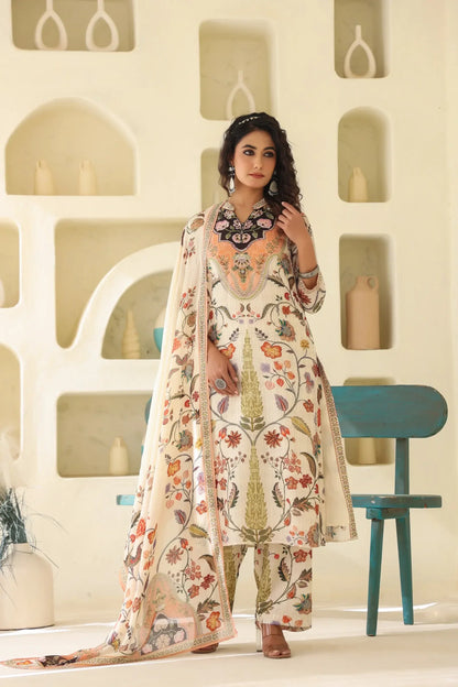 Traditional Print Straight Kurti with Pant and Printed Dupatta