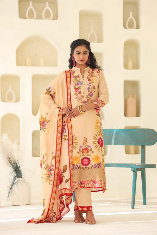 Traditional Print Straight Kurti with Pant and Printed Dupatta