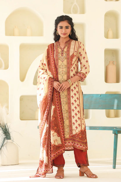 Traditional Print Straight Kurti with Pant and Printed Dupatta