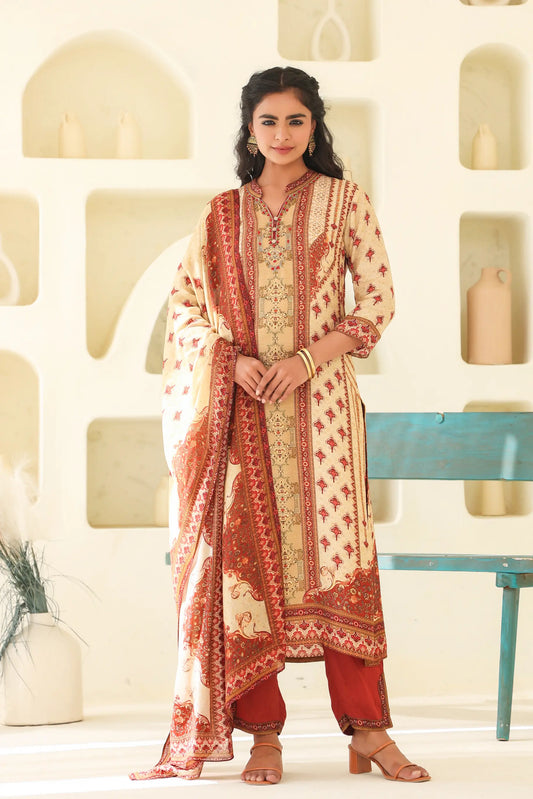 Traditional Print Straight Kurti with Pant and Printed Dupatta