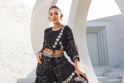 Abstract Print Divider Pant Set with Embellish Belt