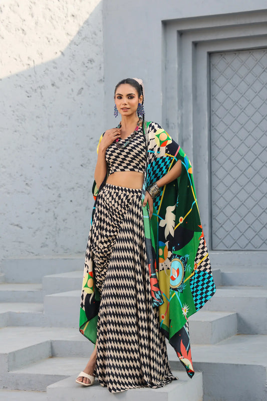 Printed Bustier with Dhoti Pant and Abstract Cape
