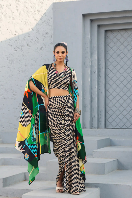 Printed Bustier with Dhoti Pant and Abstract Cape
