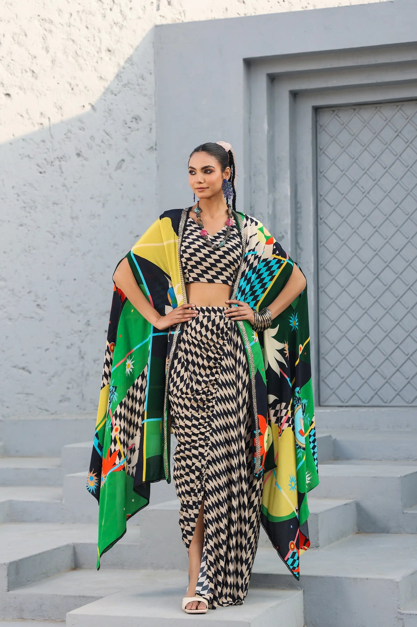 Printed Bustier with Dhoti Pant and Abstract Cape