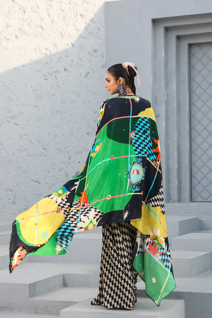 Printed Bustier with Dhoti Pant and Abstract Cape