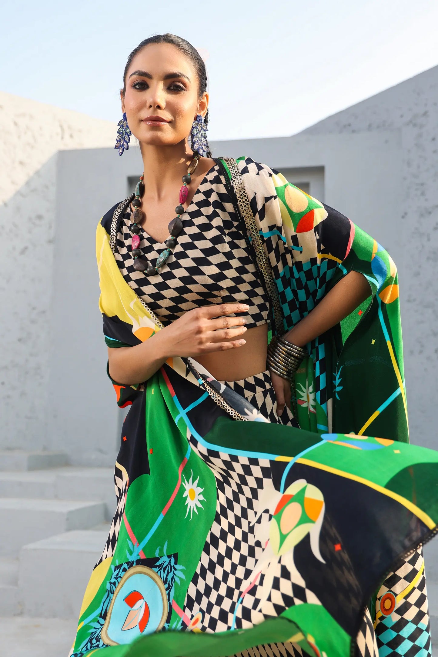 Printed Bustier with Dhoti Pant and Abstract Cape