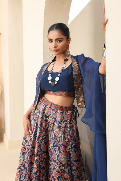 Traditional Print Sharara with Organza Embroidered Cape And Solid Blouse