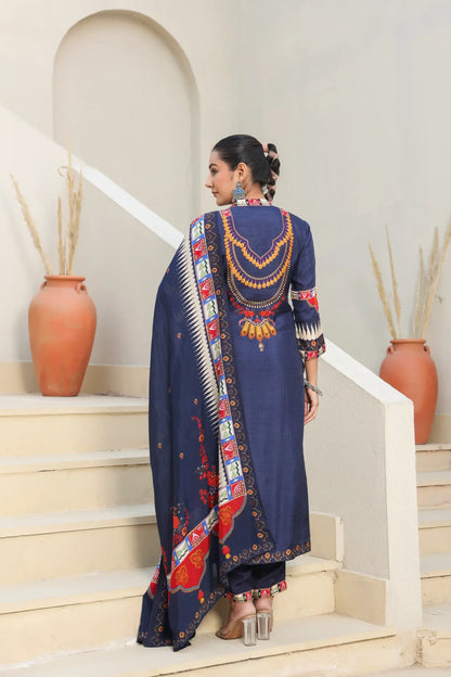 Traditional Print Straight Kurti with Pant and Printed Dupatta