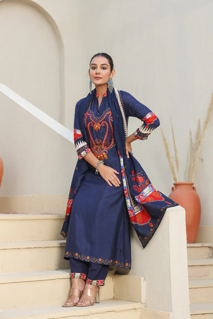 Traditional Print Straight Kurti with Pant and Printed Dupatta