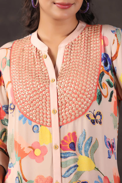 Embellished Printed Straight Kurti with Pant