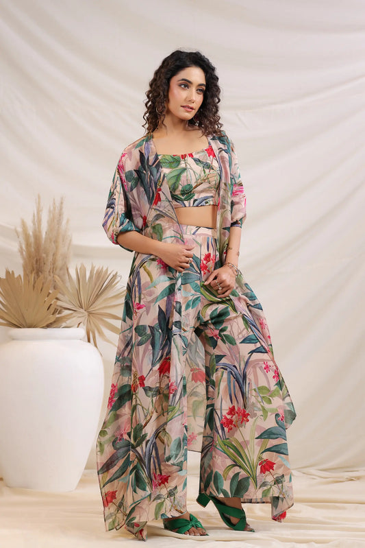 Tropical Printed Pant And Bustier with Same Print Jacket