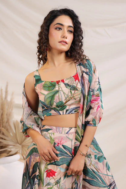 Tropical Printed Pant And Bustier with Same Print Jacket