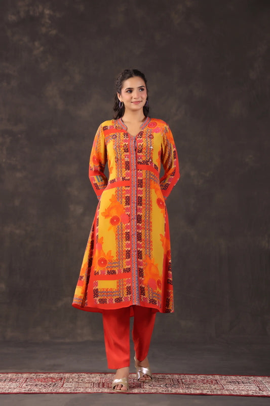 Embellished Printed Straight Kurti with Pant