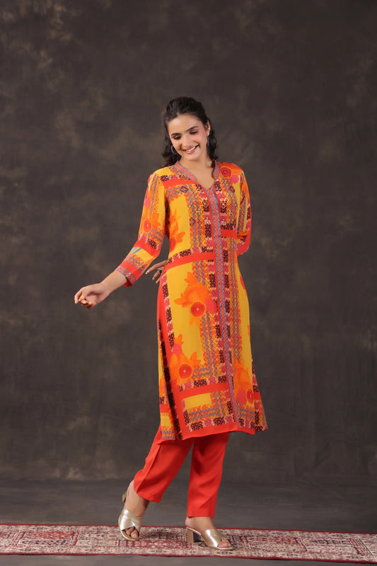 Embellished Printed Straight Kurti with Pant