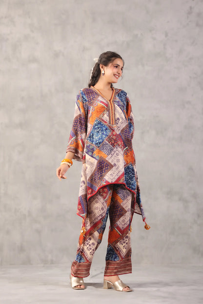 embellished aline top with straight pants. Co-ords